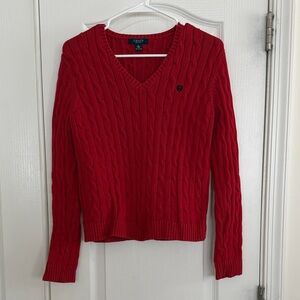 Vintage Chaps Red V-Neck Cable Knit Sweater